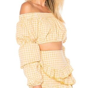 Tularosa Yellow Gingham Off Shoulder Puff Sleeve Crop Top in size XS Cottagecore